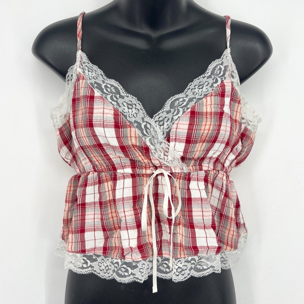 American Eagle Red Plaid Lace Cami
